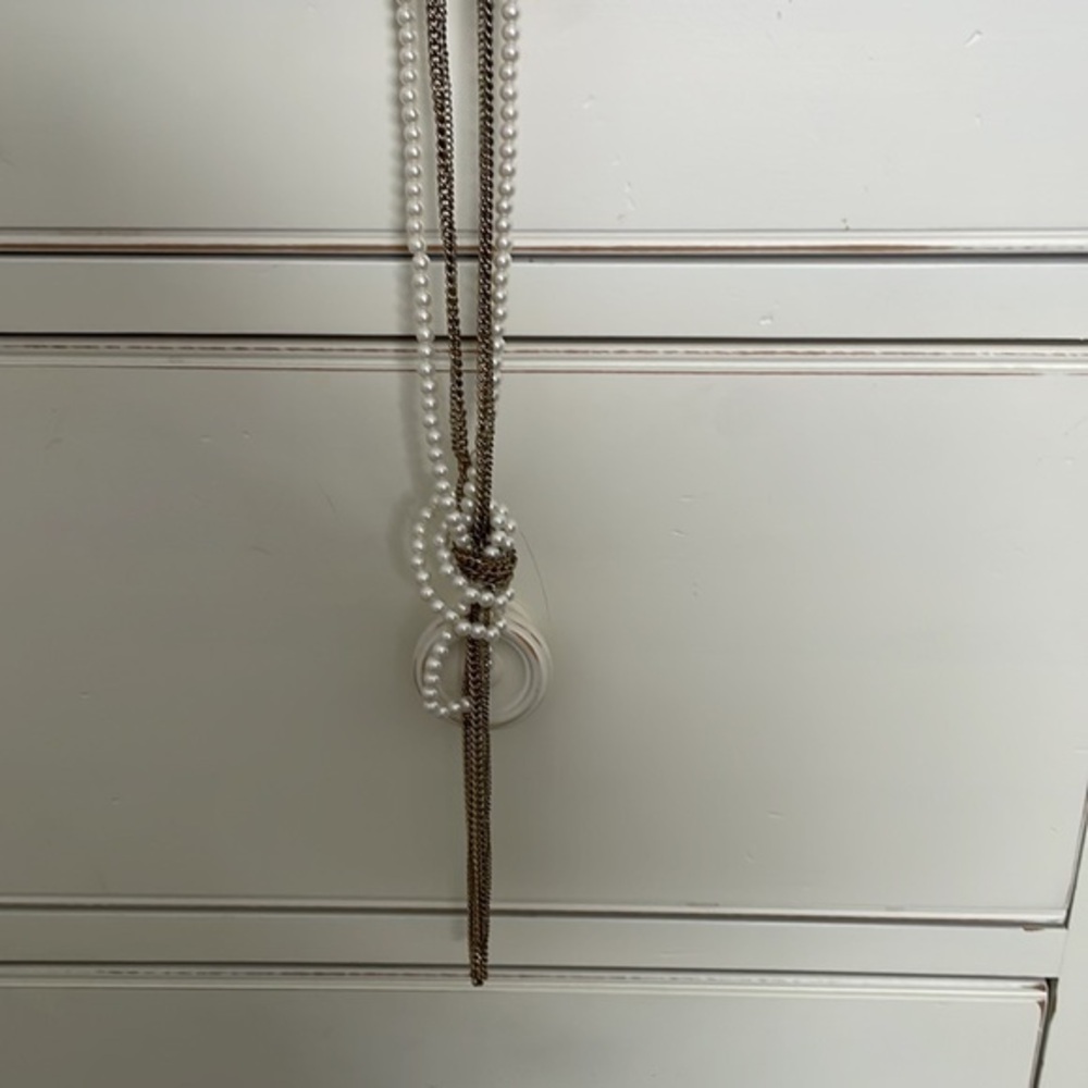 Gold and pearl knotted long necklace